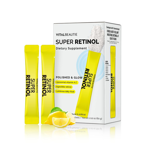VITALBEAUTIE Super Retinol - Ingestible Liposomal Retinol & Vitamin C 1000mg Powder - Vegan K-Beauty Skin Supplement for Radiant Glass Skin & Tone, Dark Spot Care, 30 Packets