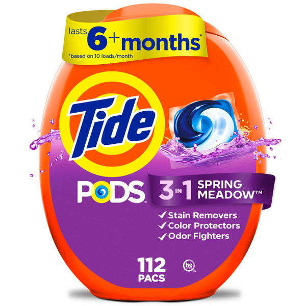 Tide PODS laundry detergent pacs, 3-in-1 Stain Remover, Odor Fighter, Color Protector, 112 Count, HE compatible, Spring Meadow Scent