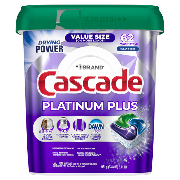 Cascade Platinum Plus Dishwasher Pods, Dish Detergent Soap, Clean Scent, 62 Count