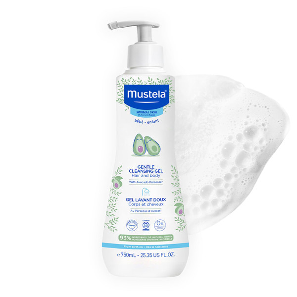 Mustela Gentle Cleansing Gel - Baby Wash for Delicate Skin and Hair - Newborn-Safe Cleanser - Crafted with Natural Avocado Perseose - Various Sizes - 25.35 fl. oz.