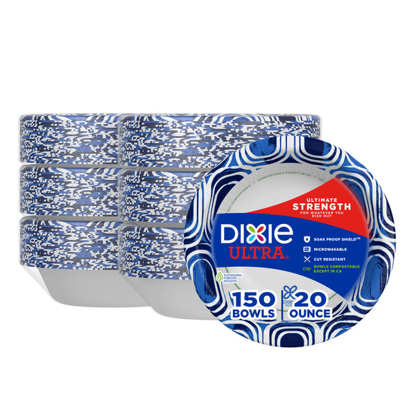 Dixie Ultra, Large Paper Bowls, 20 Oz, 150 Count (6 packs of 25 bowls), Microwave Safe, Compostable, Disposable Bowls Great For Breakfast, Lunch, And Dinner Meals