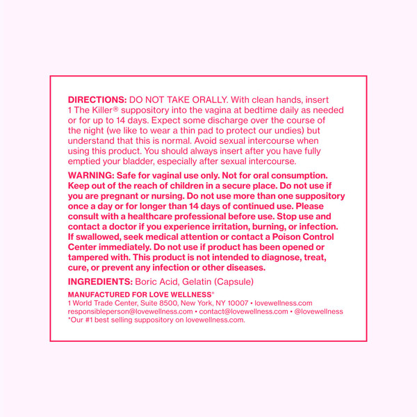 Love Wellness The Killer | 600mg Boric Acid Vaginal Suppositories | Balances pH & Supports Odor Control, a Healthy Vaginal Balance | Fast-Acting & Fragrance-Free | Gentle & Effective | 28 Ct