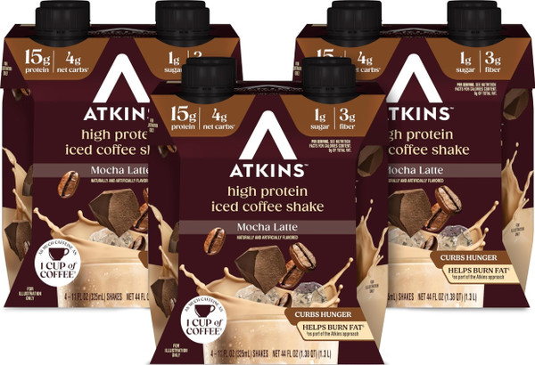 Atkins Mocha Latte Iced Coffee Flavored High Protein Shake, 12 Count