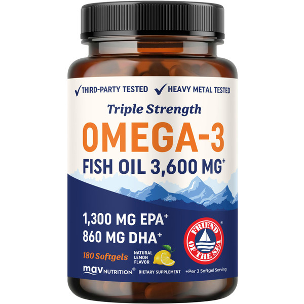 Triple Strength Omega 3 Fish Oil 3600 mg, EPA & DHA, Over 2100mg Omega-3