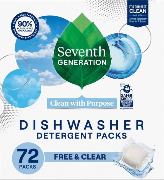 Seventh Generation Dishwasher Detergent Packs, Free & Clear, 72 Count, Pack of 1, Plant Powered Cleaning, Fights Greasy Reside & Stuck-On Food For Sparkling Dishes, Fragrance-Free & Septic Safe