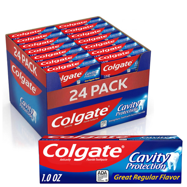 Colgate Cavity Protection Toothpaste with Fluoride, Minty Great Regular Flavor, Anti Cavity Toothpaste, 24 Pack, 1 Oz Tubes