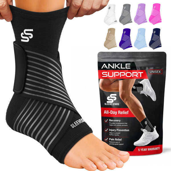 Sleeve Stars Ankle Brace for Women & Men, Ankle Wrap for Sprained Ankle, Compression Sleeve for Plantar Fasciitis Relief, Easy Customizable Support: w/Removable Strap (Pair/S:9"-10"/Black)