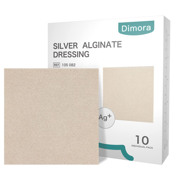 Dimora Upgrade 10 Packs Silver-Infused Alginate Wound Dressing Pads，Non-Stick Sterile Gauze，Highly Absorbent & Comfortable，4'' x 4'' Patches