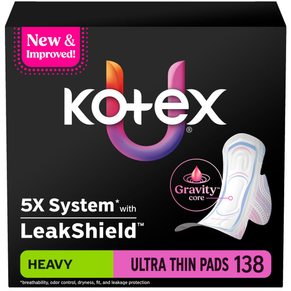 Kotex Ultra Thin Pads, Wings, Heavy, 138 Count, 3 Packs of 46