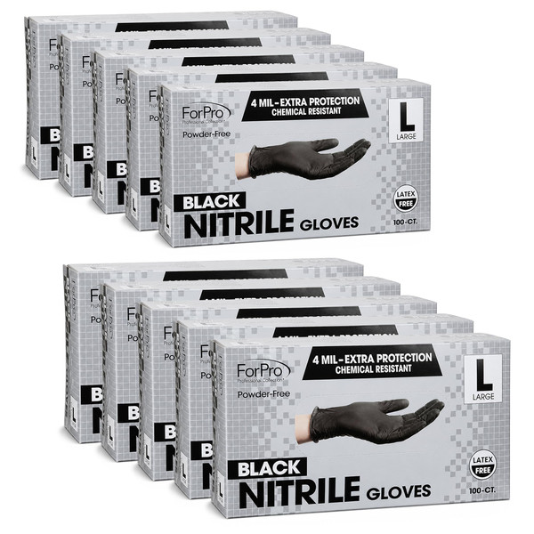 ForPro Disposable Nitrile Gloves, Chemical Resistant, Powder-Free, Latex-Free, Non-Sterile, Food Safe, 4 Mil, Black, Large, 1000-Count