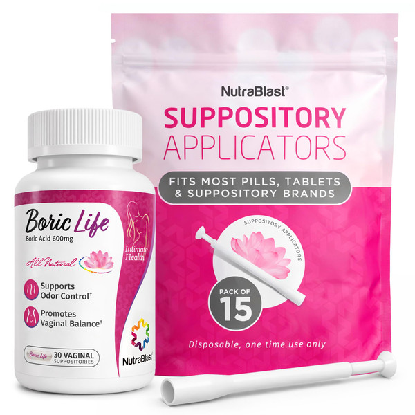 NutraBlast Boric Acid Suppositories for Women 600mg with Applicators Bundle