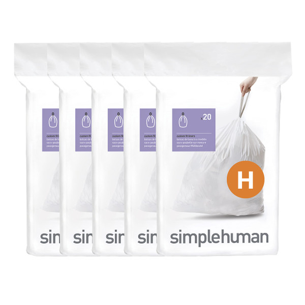 simplehuman Code H 100 Count Custom Fit Liners, Drawstring Kitchen Trash Bags, One-by-One Mess-Free Dispense, Extra Thick & Double Seamed, 50% PCR Plastic, 30-35 Liter / 8-9 Gallon, White