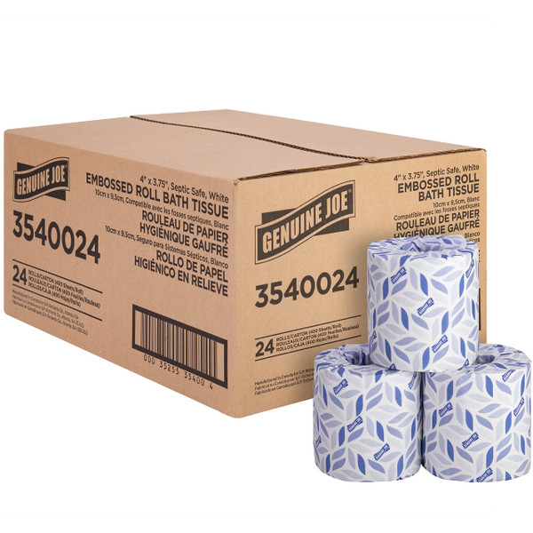 Genuine Joe Embossed Bath Tissue, 2-Ply, Septic Safe, Individually Wrapped, 4" x 3.75", 400 Sheets/Roll, 24 Count