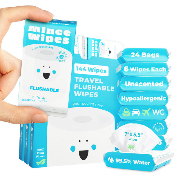 Impossibly Compact Travel Flushable Wipes - 99.5% Water and Aloe - Safe for Sensitive Skin & Hypoallergenic - Travel Essentials for Adults & Kids, Unscented, 24 Pack 144 Wipes