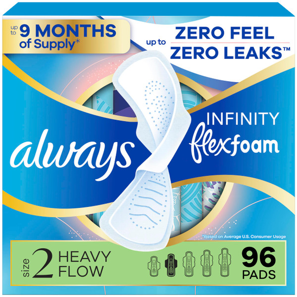 Always Infinity Feminine Pads for Women, Flexfoam Pads with Wings, Size 2, Heavy Absorbency, Unscented, 96 Count (3 Packs of 32)
