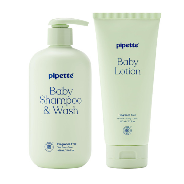 Pipette Fragrance Free Wash and Lotion Duo, Pack of 2, Fragrance Free Baby Shampoo and Body Wash, Unscented Lotion for Newborns, Sensitive Skin, and Kids, Tear-Free Bath Time, Hypoallergenic