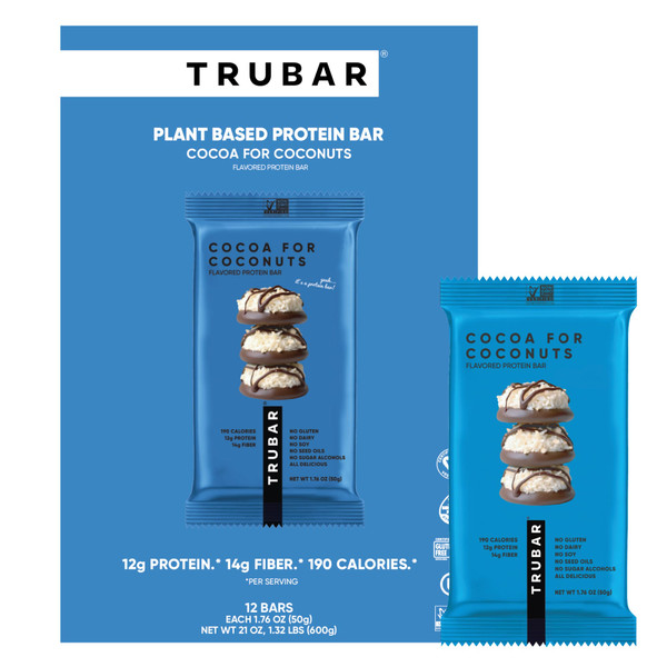 TRUBAR Vegan Protein Bar, Cocoa For Coconuts, Gluten Free, Plant Based Protein, Dairy Free, Non GMO, Soy Free, No Sugar Alcohols, 12G Protein, 12G Fiber, 23G Carb, On the Go Snack Bars, 12ct