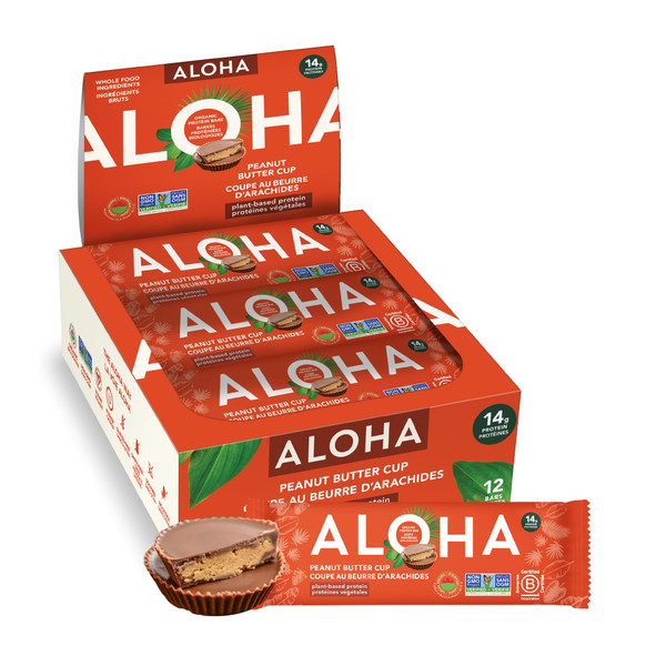 ALOHA Organic Plant Based Protein Bars - Peanut Butter Cup Bar - 12 Bars, Vegan, Low Sugar, Gluten-Free, Low Carb, Non-GMO, No Stevia, No Erythritol
