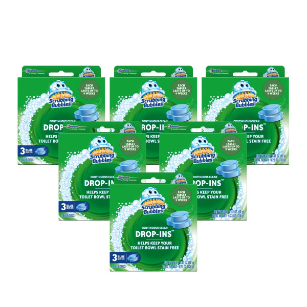 Scrubbing Bubbles Continuous Clean Toilet Drop-Ins, Automatic Blue Toilet Bowl Cleaner, Septic-Safe Tank Tablets Remove Hard Water Minerals & Limescale, Stain & Smell Protection, 3 Count (Pack of 6)