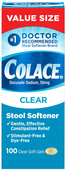 Colace Clear Stool Softener Soft Gel Capsules, Constipation Relief, 100 Ct