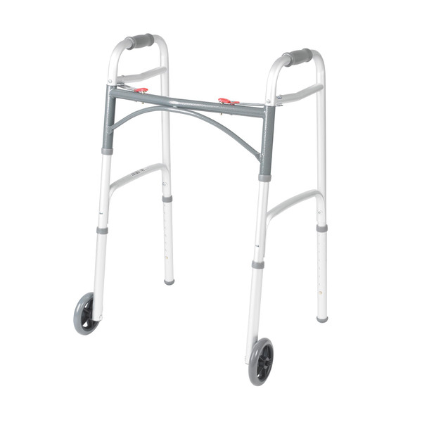 Drive Medical Two-Button Folding Walker with Wheels, Height Adjustable