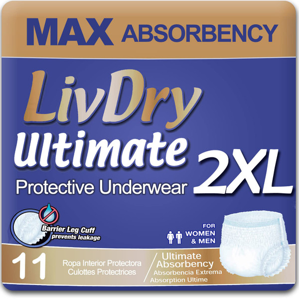 LivDry Ultimate 2XL Adult Incontinence Underwear, Max Absorbent Diapers for Women and Men, XXL 60” -80" Waist, Leak Proof Cuff, XX-Large, 11-Pack