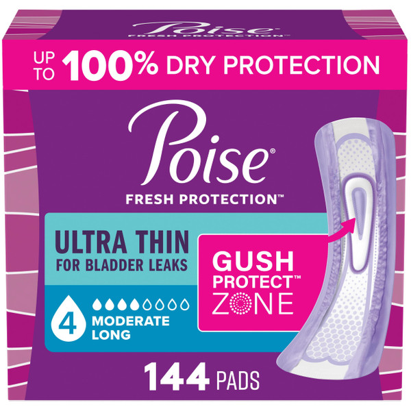 Poise Ultra Thin Incontinence Pads & Postpartum Pads for Bladder Leaks, 4 Drop Moderate Absorbency, Long Length, 144 Count, Packaging May Vary