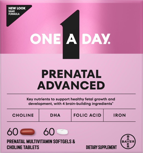 One A Day Prenatal Advanced- Prenatal Vitamins with Folic Acid, Choline, DHA & Iron, Pregnancy Vitamins for Women to Support Baby’s Development, 60+60 Ct (120 Total Set) (Packaging May Vary)