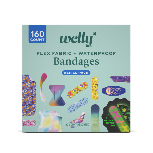 Welly Bandage Large Refill Pack | Adhesive Flexible Fabric, Glow-in-the-Dark & Waterproof Bandages | Assorted Shapes and Patterns for Minor Cuts, Scrapes, and Wounds - 160 Count