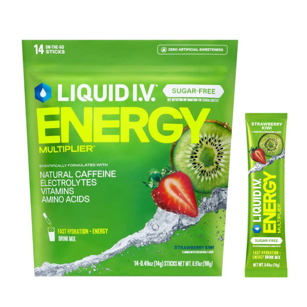 Liquid I.V. Sugar Free + Energy Electrolytes, Strawberry Kiwi, 14 Count