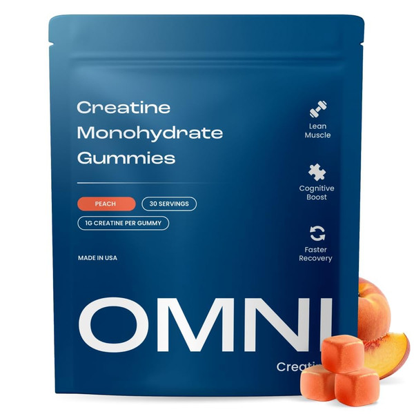 Creatine Monohydrate Gummies for Women & Men - Supports Muscle Growth, Recovery & Brain Function - Convenient & Easy to Take - Great Tasting Peach Flavor - 1g per Gummy, Low Sugar - 90 Count