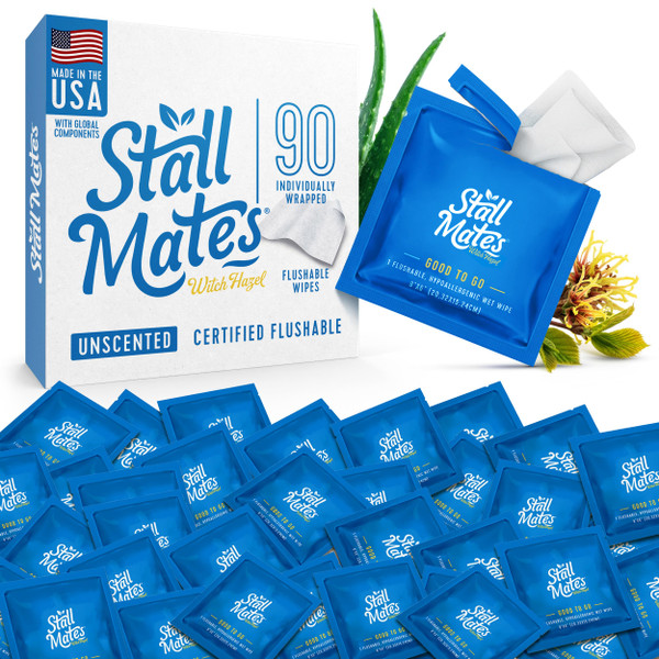 Stall Mates Witch Hazel Flushable Wipes, Soothing, Unscented, 90 Count