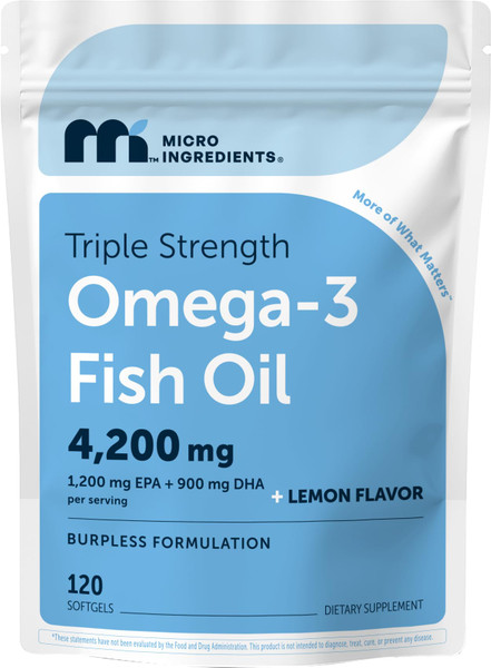 Micro Ingredients Triple Strength Omega 3 Fish Oil Supplements 4200mg Per Serving, 120 Softgels – Lemon Flavored – Burpless | EPA 1200mg + DHA 900mg | Deep Sea Fish