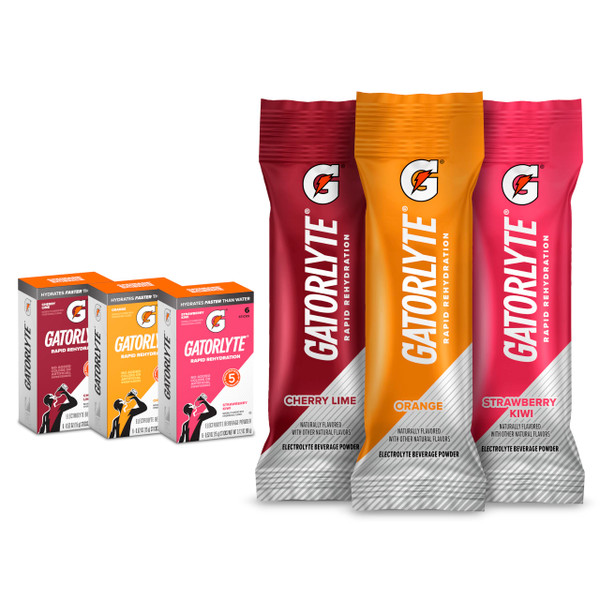Gatorlyte Rapid Rehydration Electrolyte Beverage, Variety Pack, Lower Sugar, Specialized Blend of 5 Electrolytes, No Artificial Sweeteners or Flavors, 18 pack, 1 pack mixes with 16.9oz (500ml) water