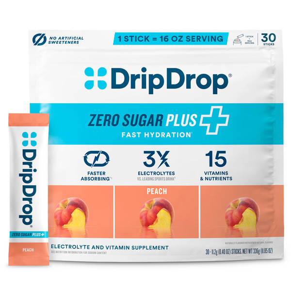 DripDrop Hydration Zero Sugar Electrolyte Packets, Peach, 30 Ct