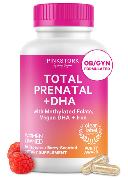 Pink Stork Total Prenatal + DHA, Vegan, No Fishy Burps, 60 Ct, Berry