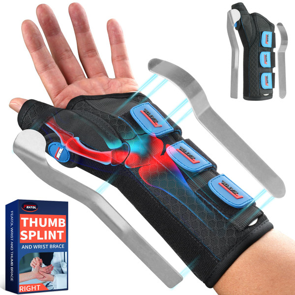 FEATOL Carpal Tunnel Wrist Brace Night Support, Thumb Spica Splint Left Hand for De Quervains Tenosynovitis, Tendonitis, Thumb Brace for Women Men, Black Blue, Small/Medium