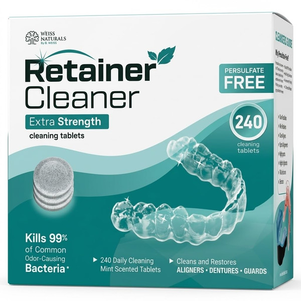 Weiss Naturals Retainer Cleaner Tablets, Remove Stains, Odors & Plaque, PERSULFATE FREE Night Guard & Denture Cleaner 8-Month Supply, 240 Mint Scented Tablets