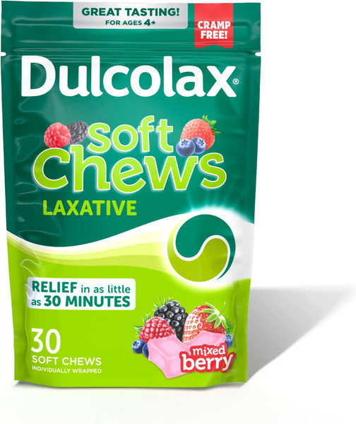 Dulcolax Saline Laxative Soft Chews, Fast-Acting Laxative, Gentle Constipation Relief, Mixed Berry Flavor, Magnesium Hydroxide 1200 mg, 30 Count, Occasional Constipation. (Pack of 12)