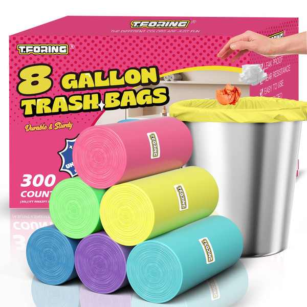 T.FORING Medium 8 Gallon Trash Bags Unscented, 0.94 Mil, Colored, 300 Count