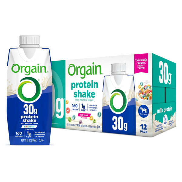 Orgain 30g High Protein Dairy Shake, 5g BCAAs, Fruity Cereal, 11 oz, 12pk
