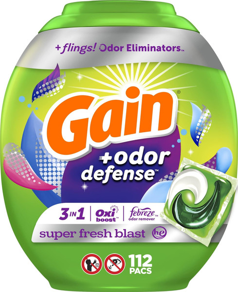 Gain Flings Laundry Detergent Pacs with Odor Defense, 112 Count, Super Fresh Blast Scent, HE 3in1 with Febreze and Oxi