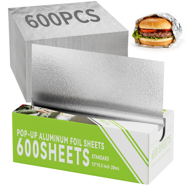 600 Count Pre-Cut Aluminum Foil Sheets, 12" x 10.5" Inch Pre Cut Aluminum Foil sheets for Restaurant Use, Disposable Foil Sheets for Food, Hot Dogs, and Sandwiches