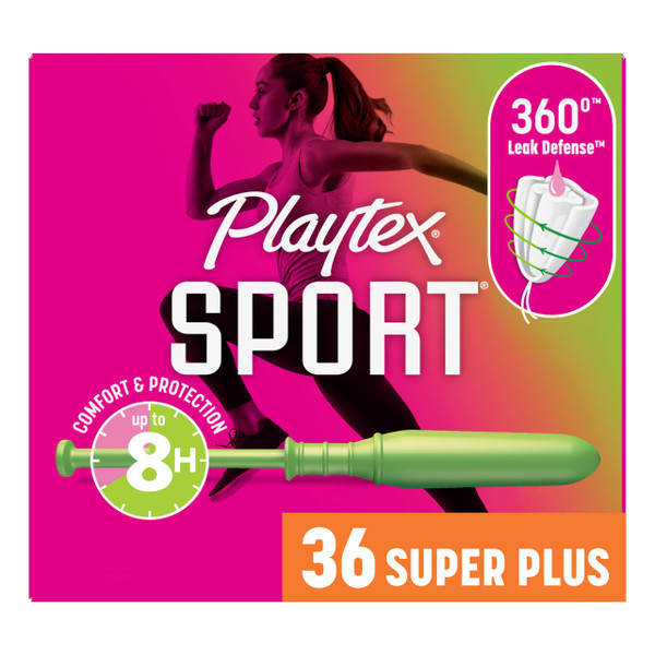 Playtex Sport Tampons, Super Plus Absorbency, Fragrance-Free | 360 Leak Defense | 36 Count, Pack of 12