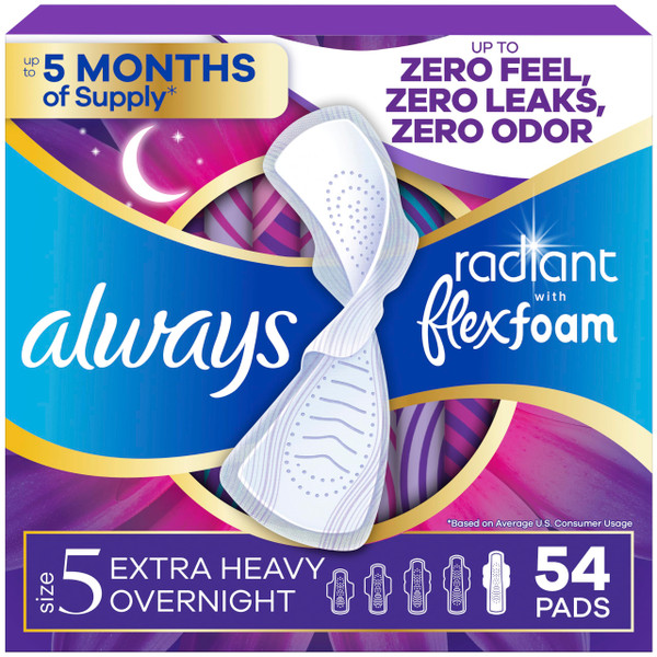 Always Radiant Feminine Pads for Women, Flexfoam Pads with Wings, Size 5, Extra Heavy Overnight Absorbency, Lightly Scented, 54 Count (3 Packs of 18)