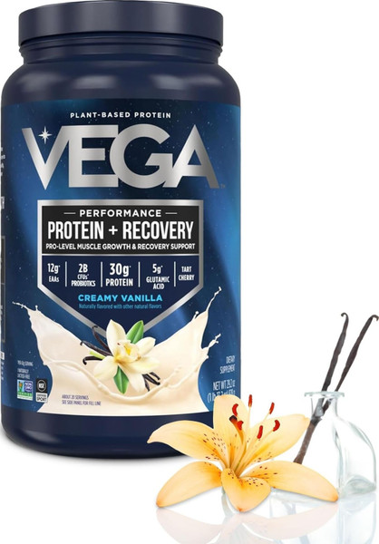 Vega Protein + Recovery, Vanilla – 30g Vegan Protein, Dairy & Gluten Free, Probiotics, NSF Certified, 28.8 oz (20 Servings)