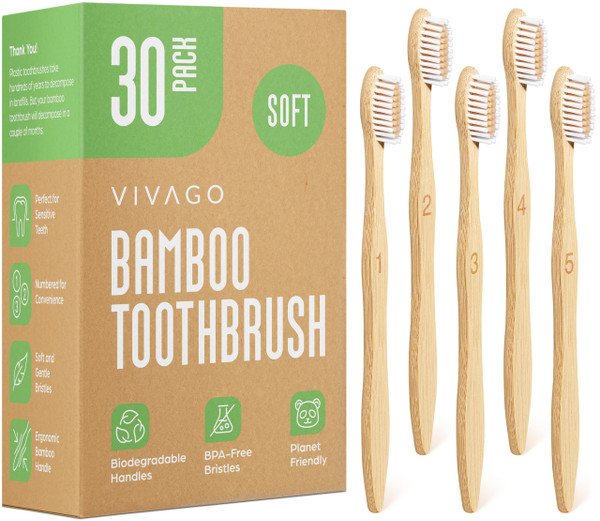 VIVAGO Bamboo Toothbrushes 30 Pack - Soft Bristles Toothbrushes for Adults