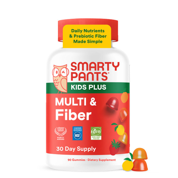 SmartyPants Kids Multivitamin & Fiber Gummies: Prebiotic Fiber to Support Kids Digestion with Vitamin D3, C, Vitamin B12, B6, A, Zinc, Biotin, Folate, Three Fruit Flavors, 90 Count (30 Day Supply)