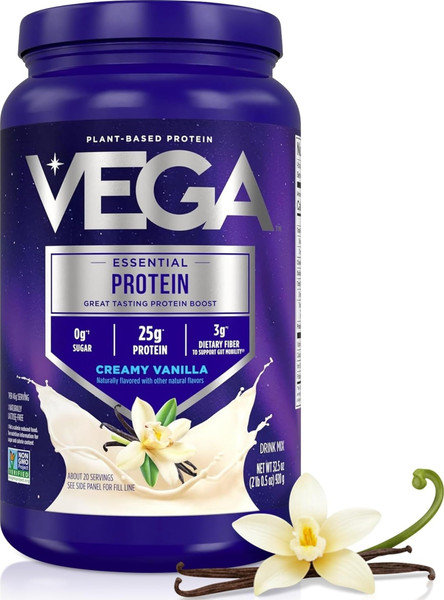 Vega Essential Protein – 25g Vegan Protein Powder, Creamy Vanilla, Dairy-Free Vanilla Shake – Large Tub, 32.5oz (20 Servings)