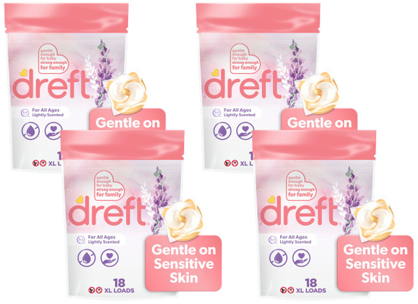 Dreft Laundry Detergent XL Pacs, Light Scent, Lavender, 18 Count (Pack of 4)